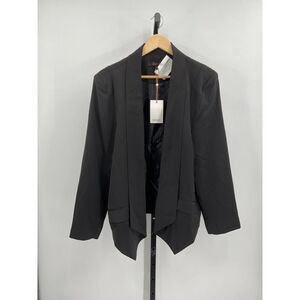Quince Black Crepe Drape-Front Open Blazer